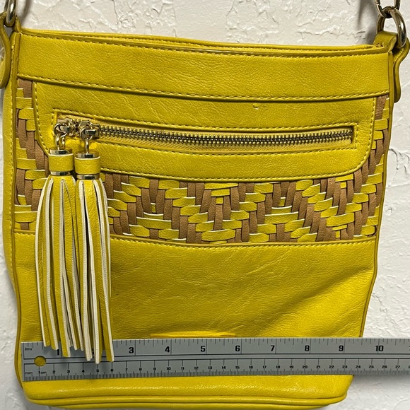 Kate Landry Yellow and Brown Woven Crossbody Bag w/ Tassels - Picture 6 of 9